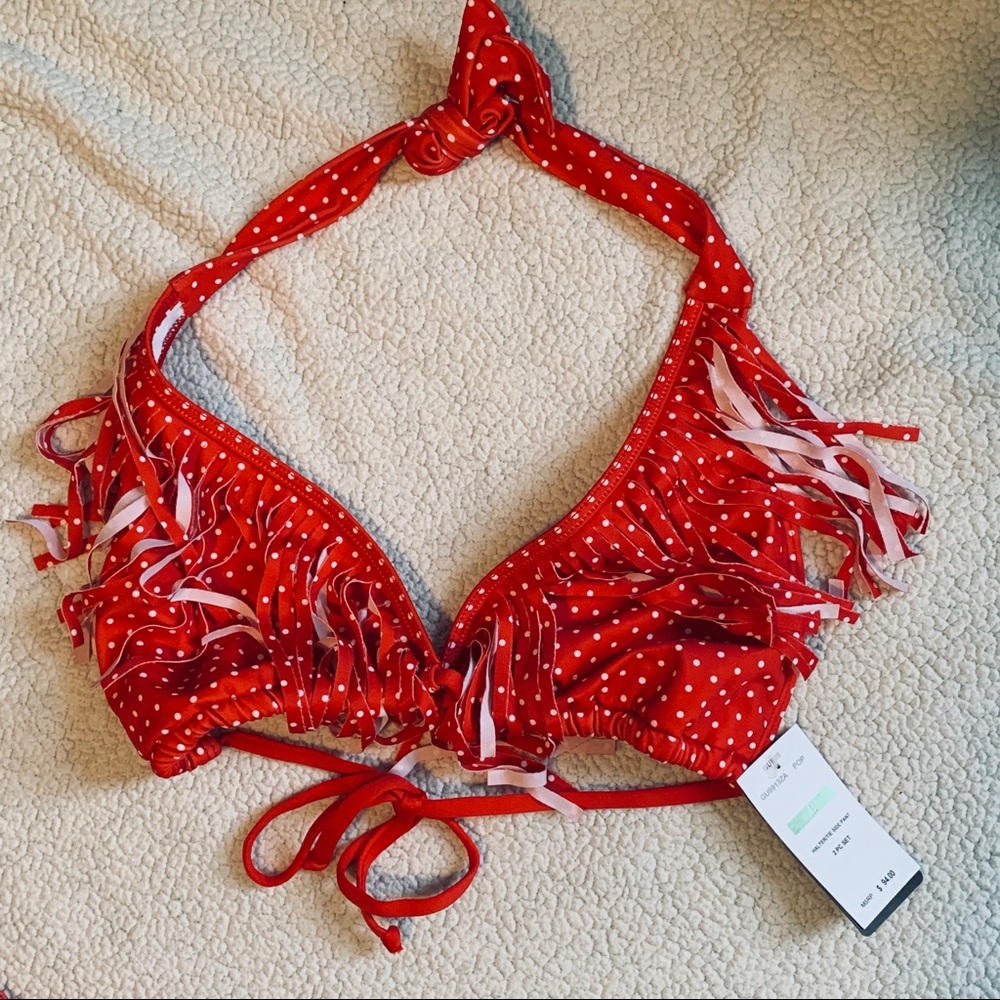 Guess Red and White Polka Dot Fringe String Bikini - Picture 2 of 5